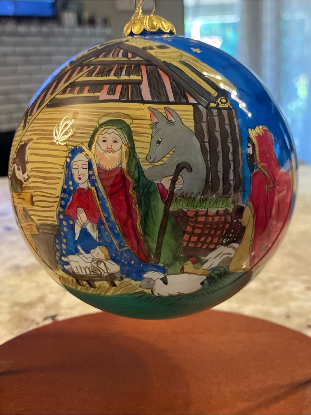 Hand-Painted Nativity Glass Ornament in Blue and Gold NEW WITH BOX